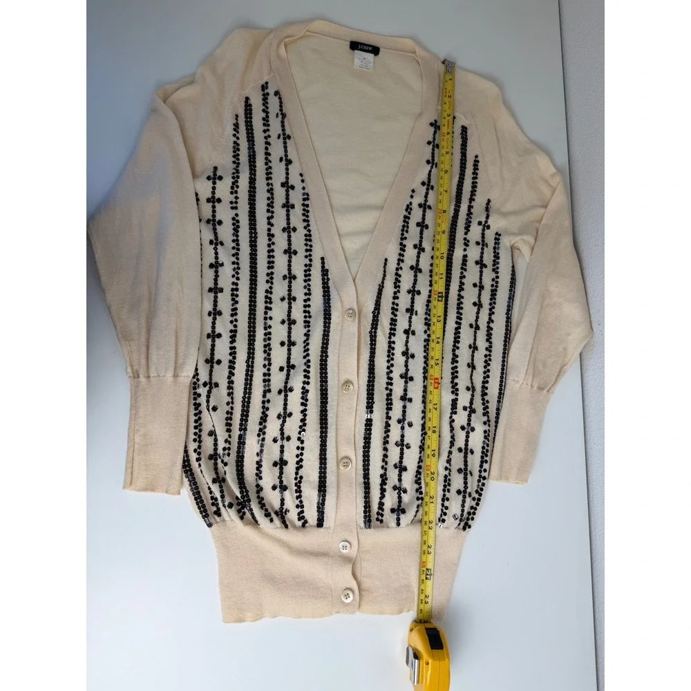 J. Crew Women Pima Cotton Wool Cardigan Cascading Sequin M Cream Old Money